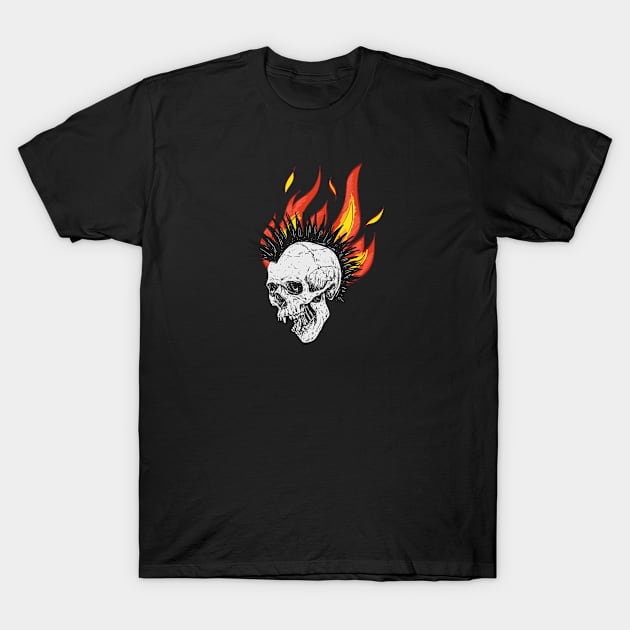 Black Orange Gothic Skull with Flame Illustration T-Shirt by modrenmode
